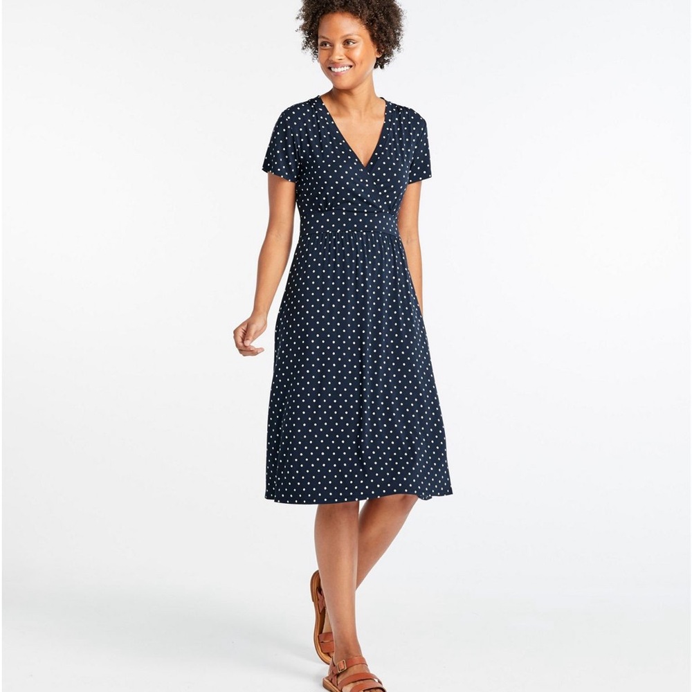 L.L. Bean Navy and White Women's Summer Knit Dress, Short-Sleeve Print